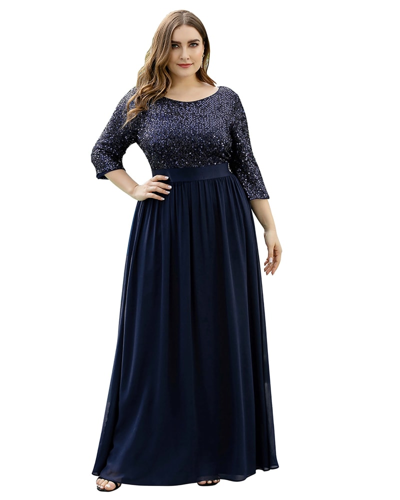 Front of a model wearing a size 22 3/4 Sleeves Round Neck Evening Dress With Sequin Bodice in Navy Blue by Ever-Pretty. | dia_product_style_image_id:287277